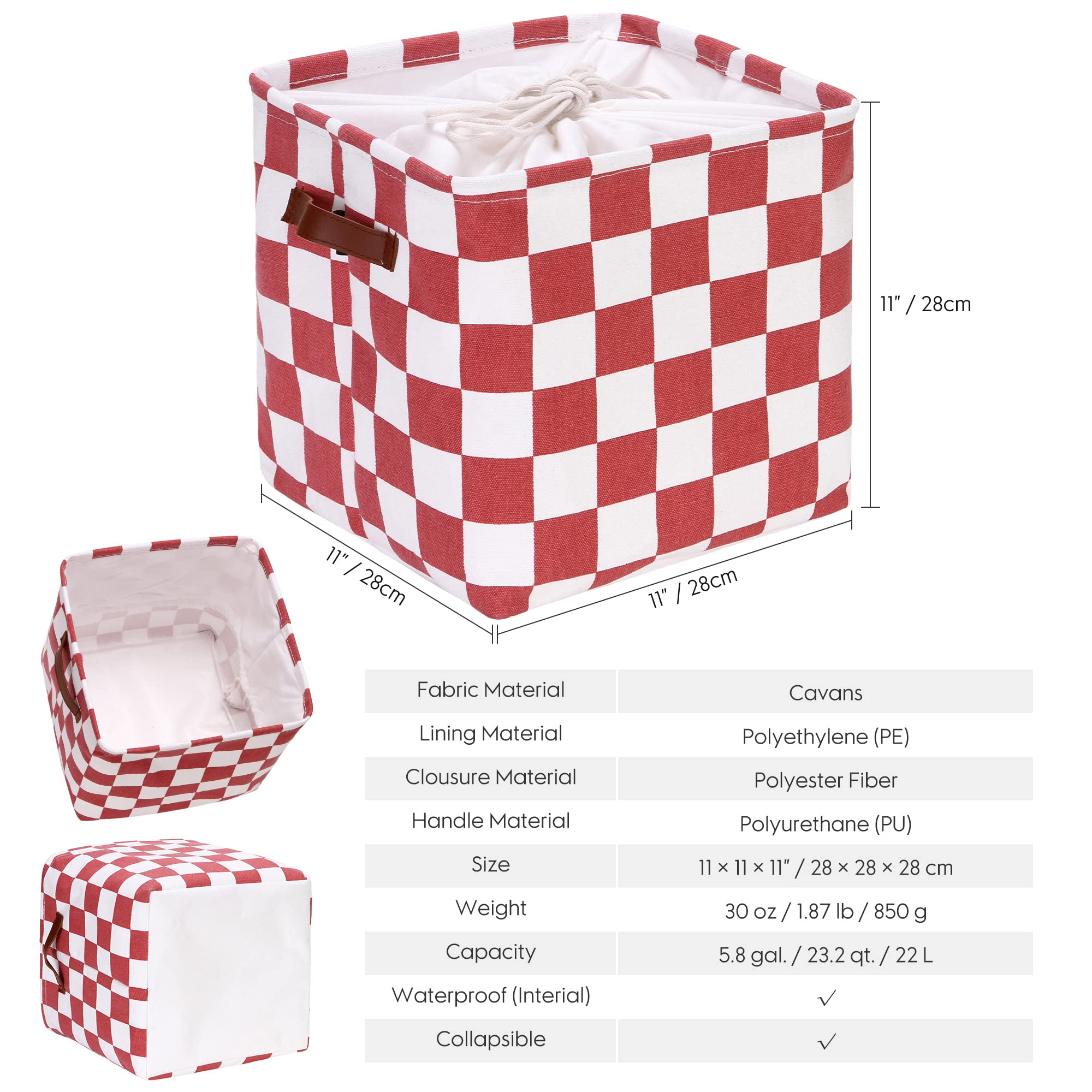 Hinwo 3-Pack Square Organizer Shelf Bins, Canvas Fabric Storage Baskets with Handles & Drawstring Cover, 22L Collapsible Storage Boxes, 11 x 11 x 11 Inches, Coral Red Checkerboard