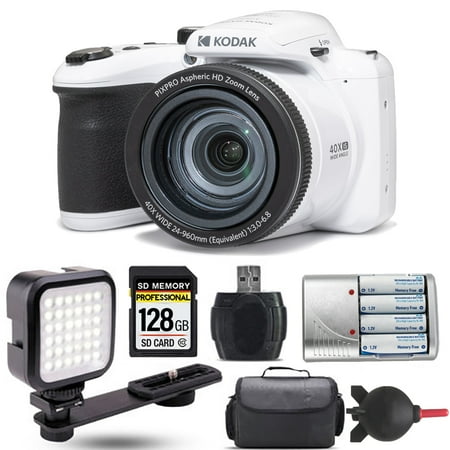 Kodak PIXPRO AZ405 Digital Camera (White) + Extra Battery + LED - 128GB Kit