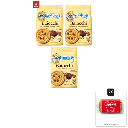 3 Pack | Mulino Bianco Baiocchi 9.17Oz (260G) – Italy’S #1 Cookie Made With Natural Ingredients – Authentic Italian Biscuits Filled With Chocolate Hazelnut Cream – & 2x Lotus Biscoff Cookies 0.2oz