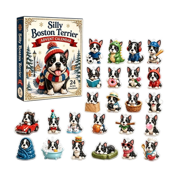 Boston Terrier Advent Calendar 2026, 24-Day Christmas Countdown Surprise Box, Collectible Acrylic Dog Ornament Set, Xmas Holiday Decor Gifts for Adults & Collectors