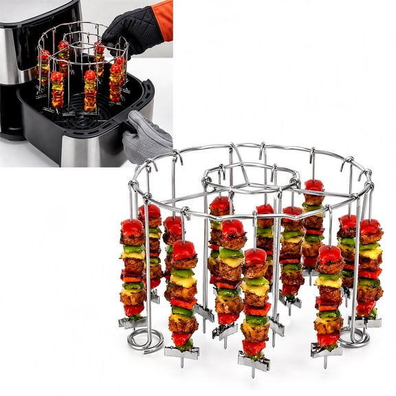 Air Fryer BBQ Grill Rack, Stainless Steel Kebab with 24 Skewers, Anti-Slip Grooves Hanging Barbecue Rack for Meat, Wings, Vegetable, Compatible with Airfryer Oven Steamer and Rice Cooker