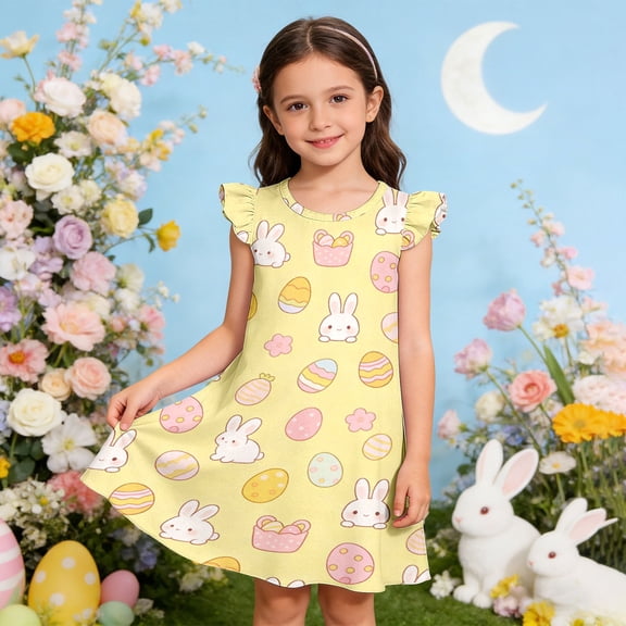 Glisme Girls Dresses Easter Bunny Egg Print Sleeveless Party Dress With Flutter Sleeves Cute Holiday Dress Light Yellow Sundress Size 8-9 Years