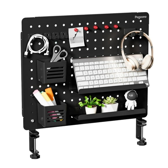 PEGZONE Clamp-on Desk Pegboard, Desk Organizer for Office Gaming Home, Magnetic Metal Peg Board with 15 Accessories, Privacy Panel for Office, 20.4"
