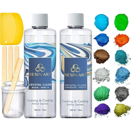 Epoxy Resin AB Part - 20oz Crystal Clear Resin Kit for Art Craft Resin Jewelry Making River Tables Casting and Coating 10 Mica Pigments, 2 Glow in The Dark Colors, 3 Accessories