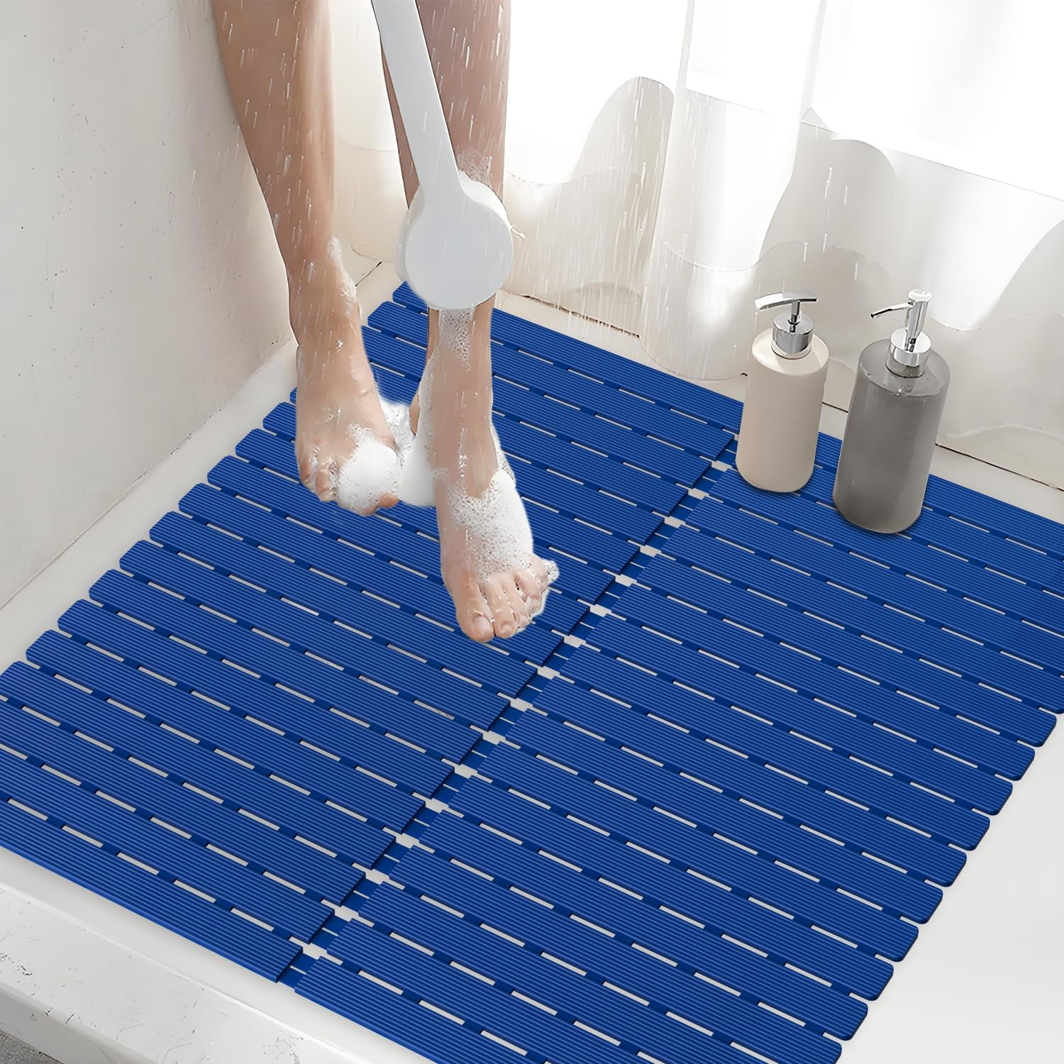 Shower Mat Non-Slip Bath Mat for Tub and Shower Stall,236 Suction Cups with Drain Holes, Quick Dry Machine Washable, Extra Grip for Stand Up Showers, Bathroom Essentials 24x24 Inch (Blue)