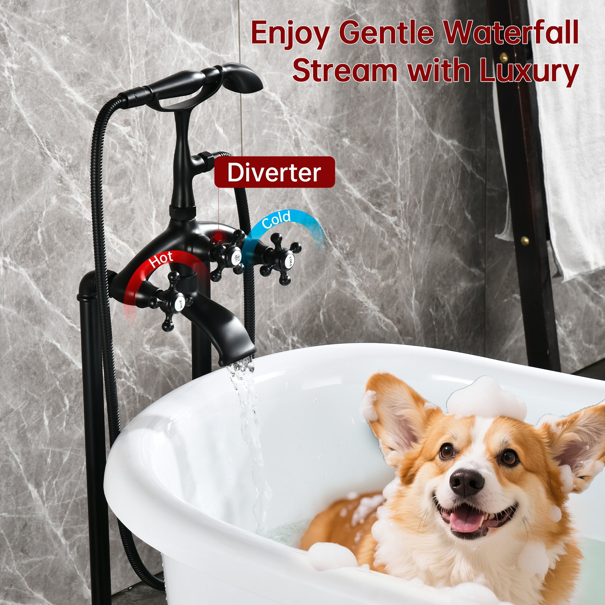 SUMERAIN Matte Black Freestanding Bathtub Faucet, High Flow Waterfall Floor Mount Bathtub Filler with Hand Shower, Solid Brass