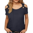 thumbnail image 2 of Blue Womens Tops Summer Tops for Women 2025 Eyelet Cold Shoulder Short Sleeve T Shirts Solid Casual Ring Hollow Top Basic Shirts Tees Shirts for Women, 2 of 6