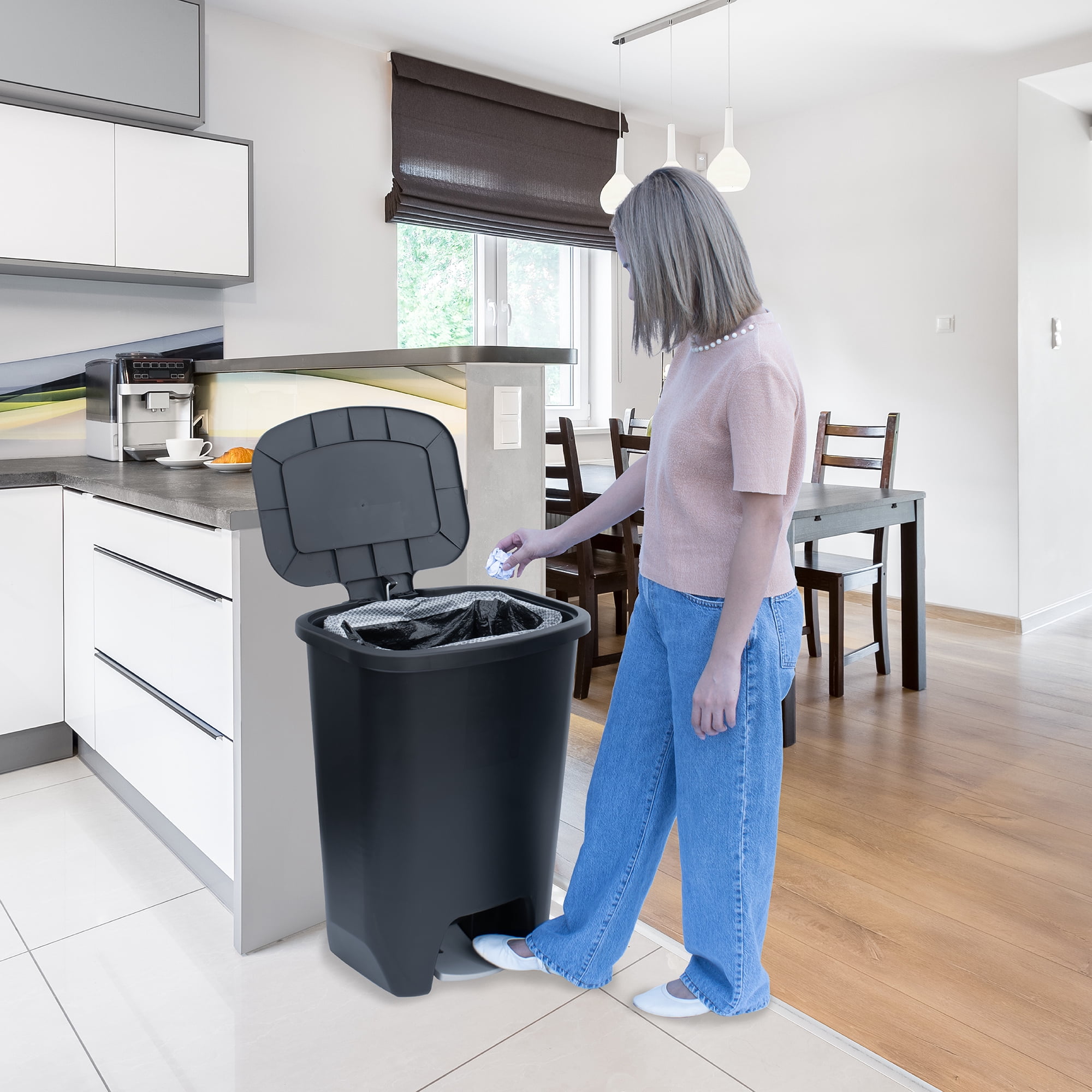 Glad Kitchen Trash Can with Lid, Stainless Foot Pedal and Garbage Bag Rings, 20 Gal, Black