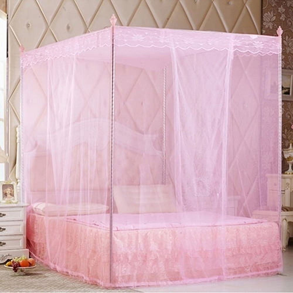 D-GROEE 4 Corners Post Canopy Bed Curtains Cozy Drape Canopy Bed Frames Netting for Twin Full Queen King Bed - Cute Princess Lace Bedroom Decoration