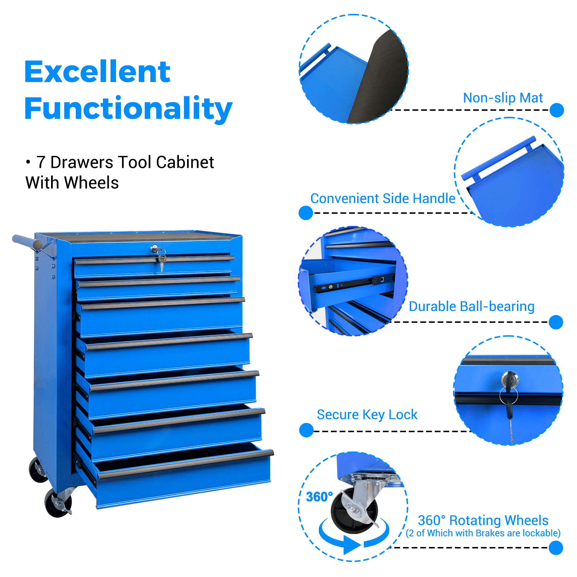 Rolling 20-Inch Metal Tool Chest with 7 Drawers and Ball Bearing Slides, Steel Tool Cabinet for Garage and Workshop, Blue