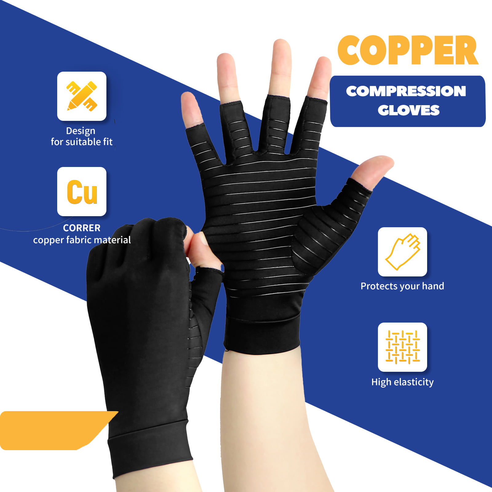 CFR Copper Compression Gloves - Carpal Tunnel & Arthritis Relief, FDA Approved, Adjustable Unisex Black