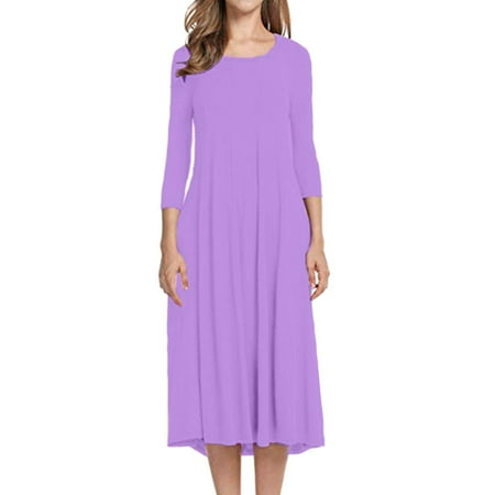 

LBECLEY Plus Size Summer Dress for Women Women s Fashion Casual Solid Dress Round Neck Long Sleeve Mid Calf Swing Dress Dress with Shelf Bra C L