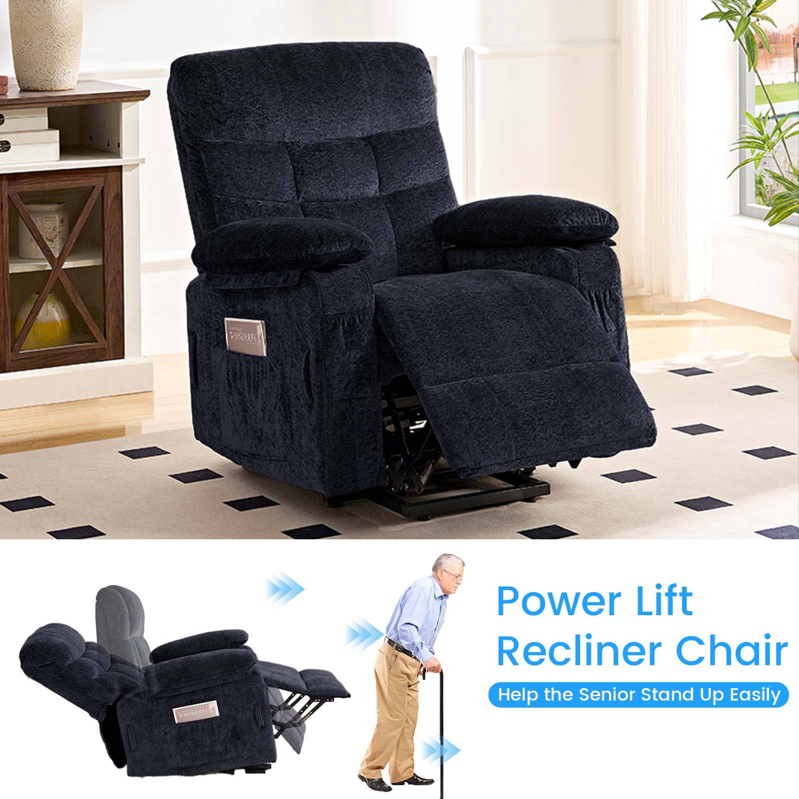 Puremind Dual Motor Power Lift Recliner Chair for Elderly, Electric Lift Recliner Single Sofa with Heating and Message for Living Room/Bedroom, Black