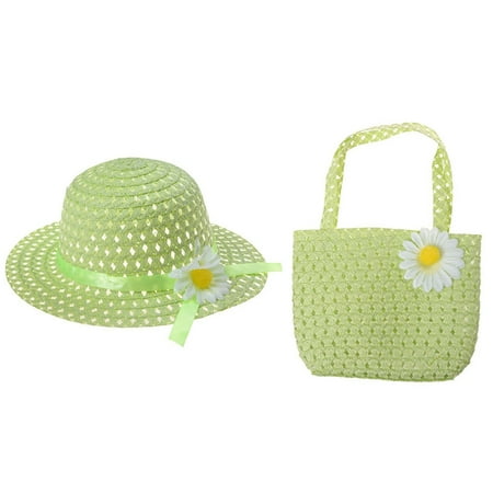 Fancyleo  Girls Kids Beach Summer Sun Hats Bags Flower Straw Hat Cap Handbag Suit