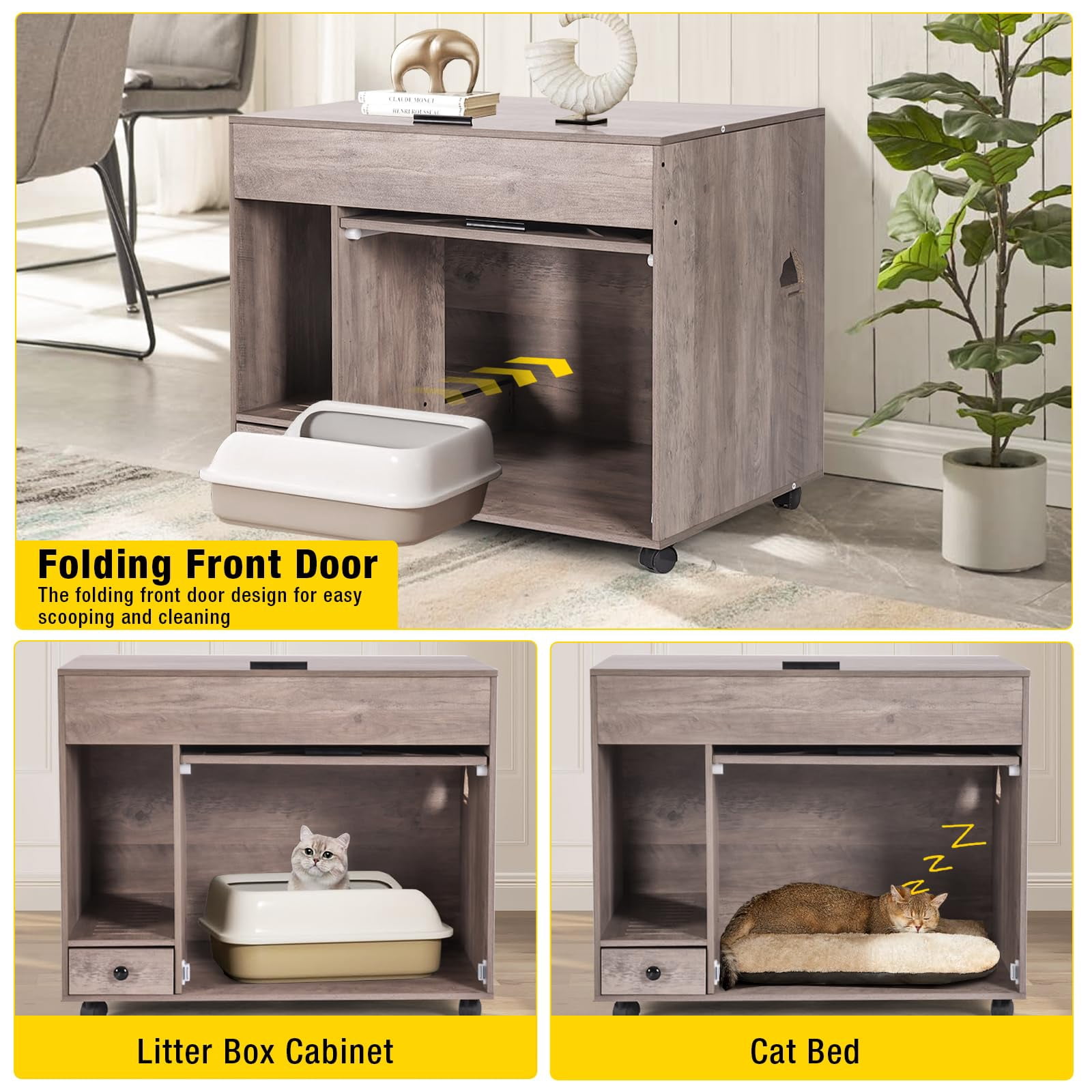 Aivituvin Cat Litter Box Enclosure Cabinet,Flip Top Hidden Litter Box Furniture,Indoor Wooden Covered Cat House with Drawer,Wheels
