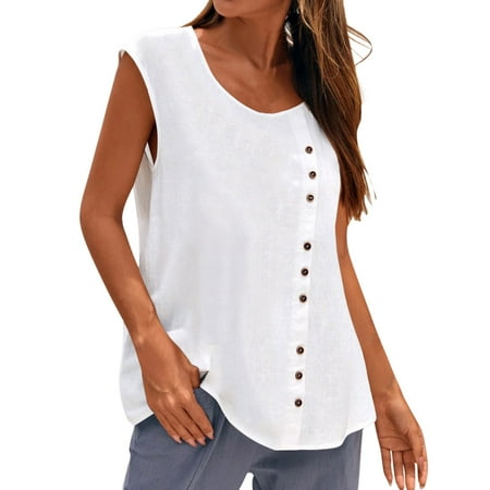 

ZHAGHMIN Long Crop Top For Women Women Summer Casual Sleeveless Button Vest Round Neck Loose Blouse Top Tank Pajama Shirt Women Brand Ladies Loose Fit Top Women Womens Camisole Silk Tunic 3X Top Cro