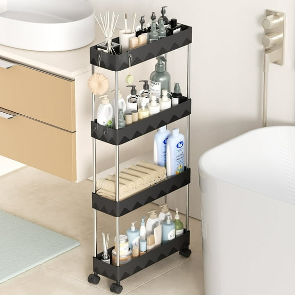 Cshidworld Storage Cart 4 Tier Slim Cart, Rolling Utility Cart Storage Organizer Slide Out Cart, Mobile Shelving Unit Organizer Trolley for Office Bathroom Kitchen Laundry Narrow Places, Black