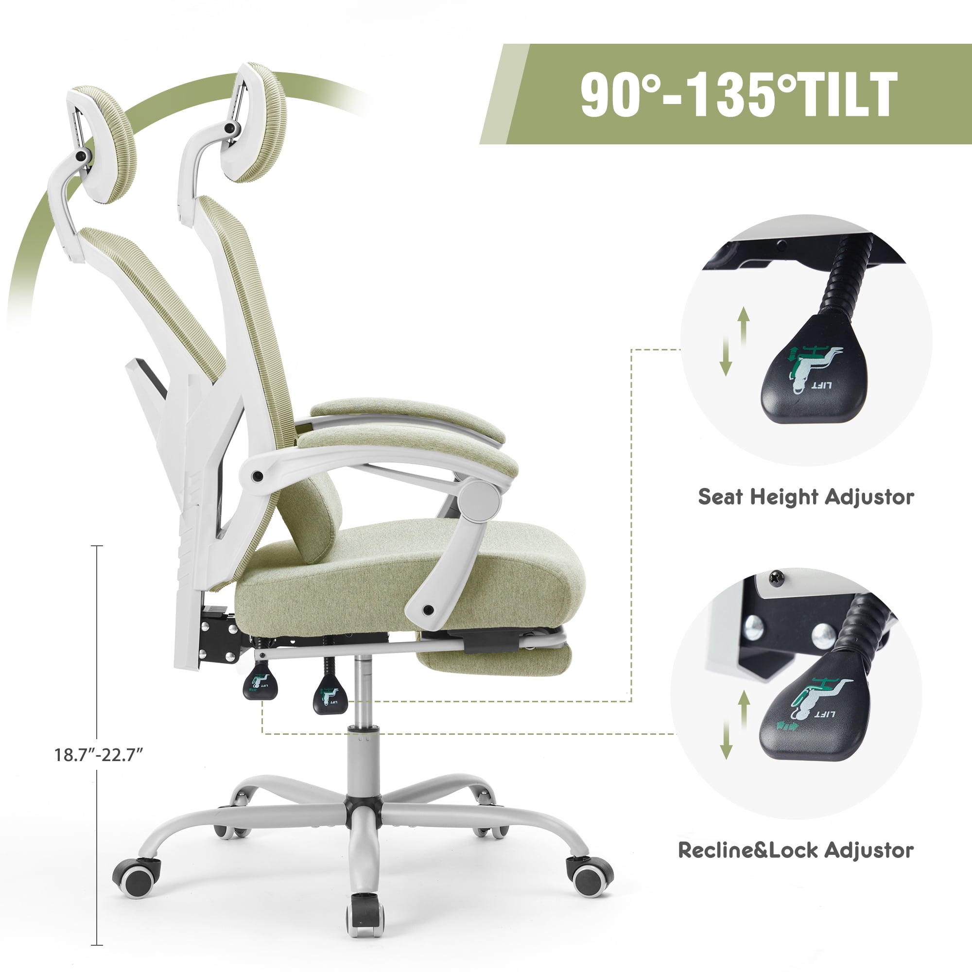 CONCETTA Ergonomic High Back Mesh Office Chair with Headrest, Footrest, Armrests for Adults, Green