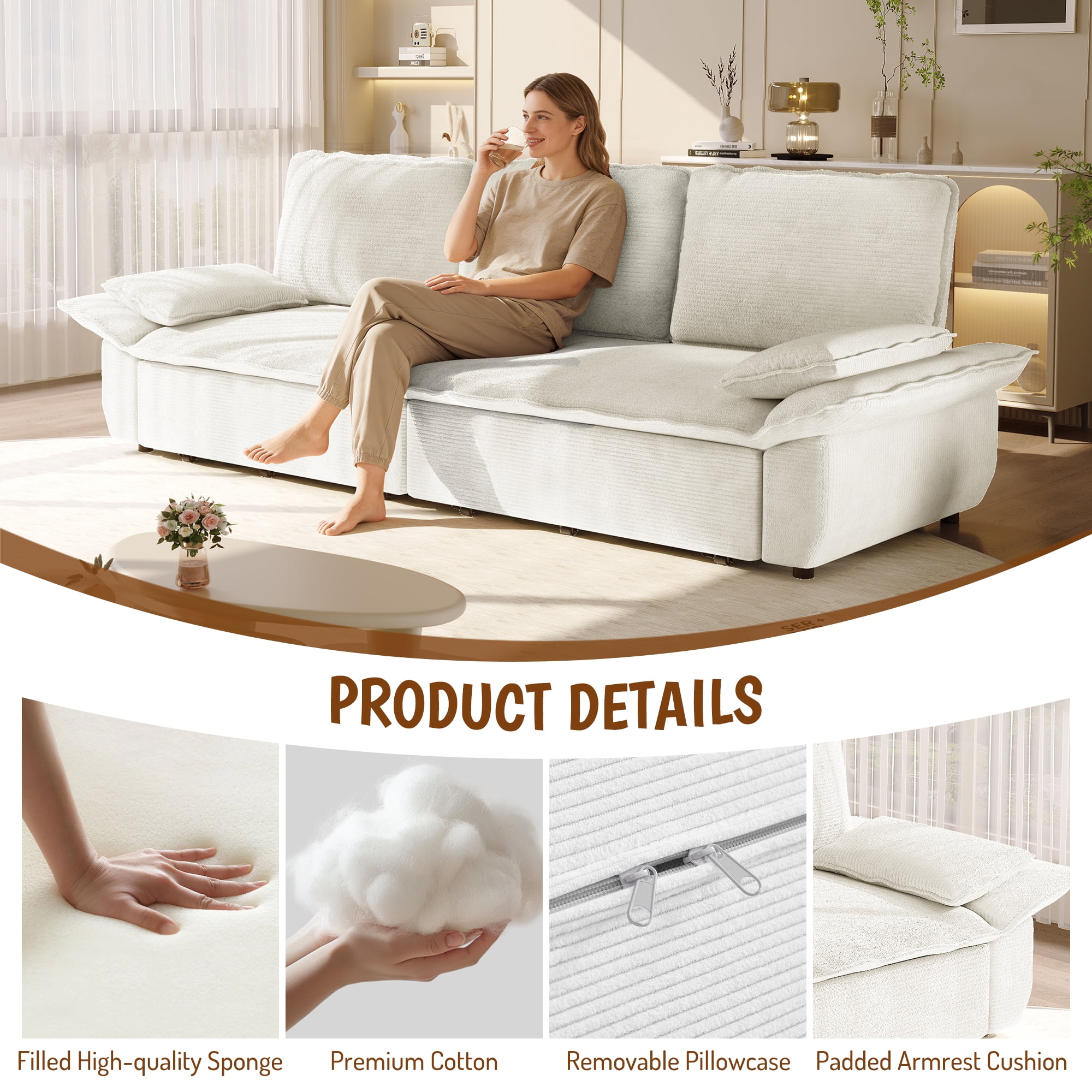 Leumius 94.5" Pull Out Sofa, King Size 3-in-1 Convertible Sleeper Sofa Bed, Multi-Functional Corduroy Bed for Living Room Bedroom White