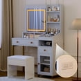 thumbnail image 3 of DSstyles White Large Vanity Desk with 3 Color Led Lighted Mirror and Power Outlet, Makeup Vanity Table with 2 Drawers, 1 Cabinet and Open Storage Shelves, Vanity Table, Dressing Table for Women, Girls, 3 of 7