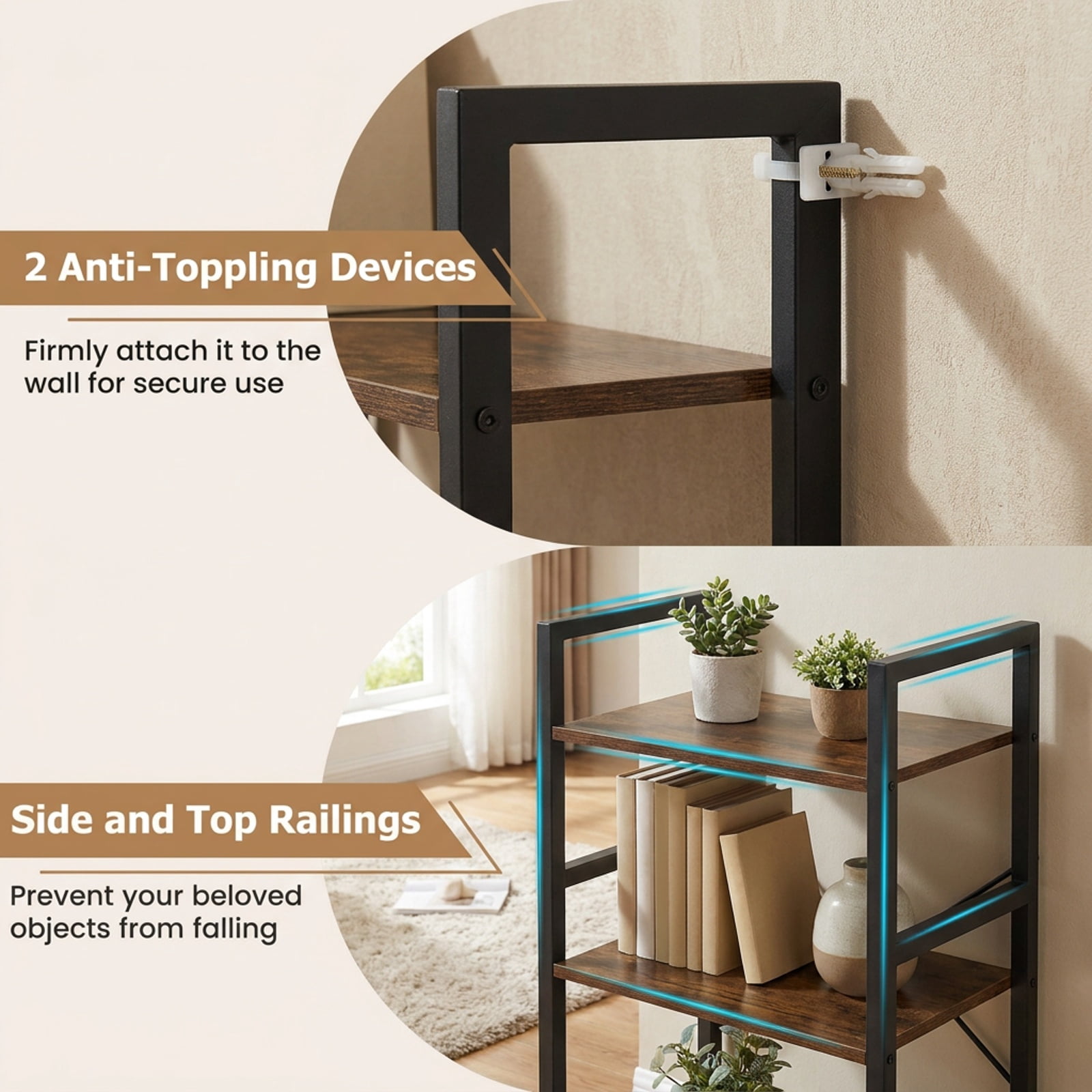 Furnibear 4-Tier Bookshelf Narrow Freestanding Display Shelf with Metal Frame for Living Room Home Office Bedroom Display Storage Shelf, Rustic Brown