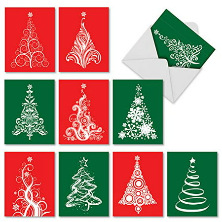 'M3270 FANCIFUL FIRS' 10 Assorted All Occasions Notecards Featuring Stylized Vector Art Of Christmas Trees with Envelopes by The Best Card