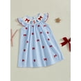 thumbnail image 6 of BemeyourBBs Kids Toddler Baby Girls 4th Of July Outfit Summer Smocked Dress Patriotic Clothes USA Letter Bow Embroidered Round Neck Fly Sleeve Casual Holiday Party Dress, 6 of 9