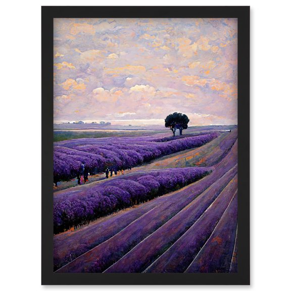Lone Tree In A Field Of Purple Lavender Flowers Artwork Framed Wall Art Print A4