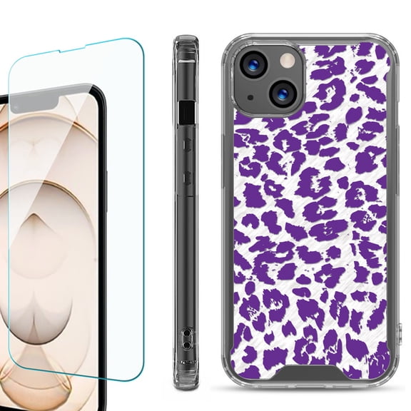Shockproof Bumper Phone Case for iPhone 13, with Tempered Glass Screen Protector, by OneToughShield ® - Cheetah Purple