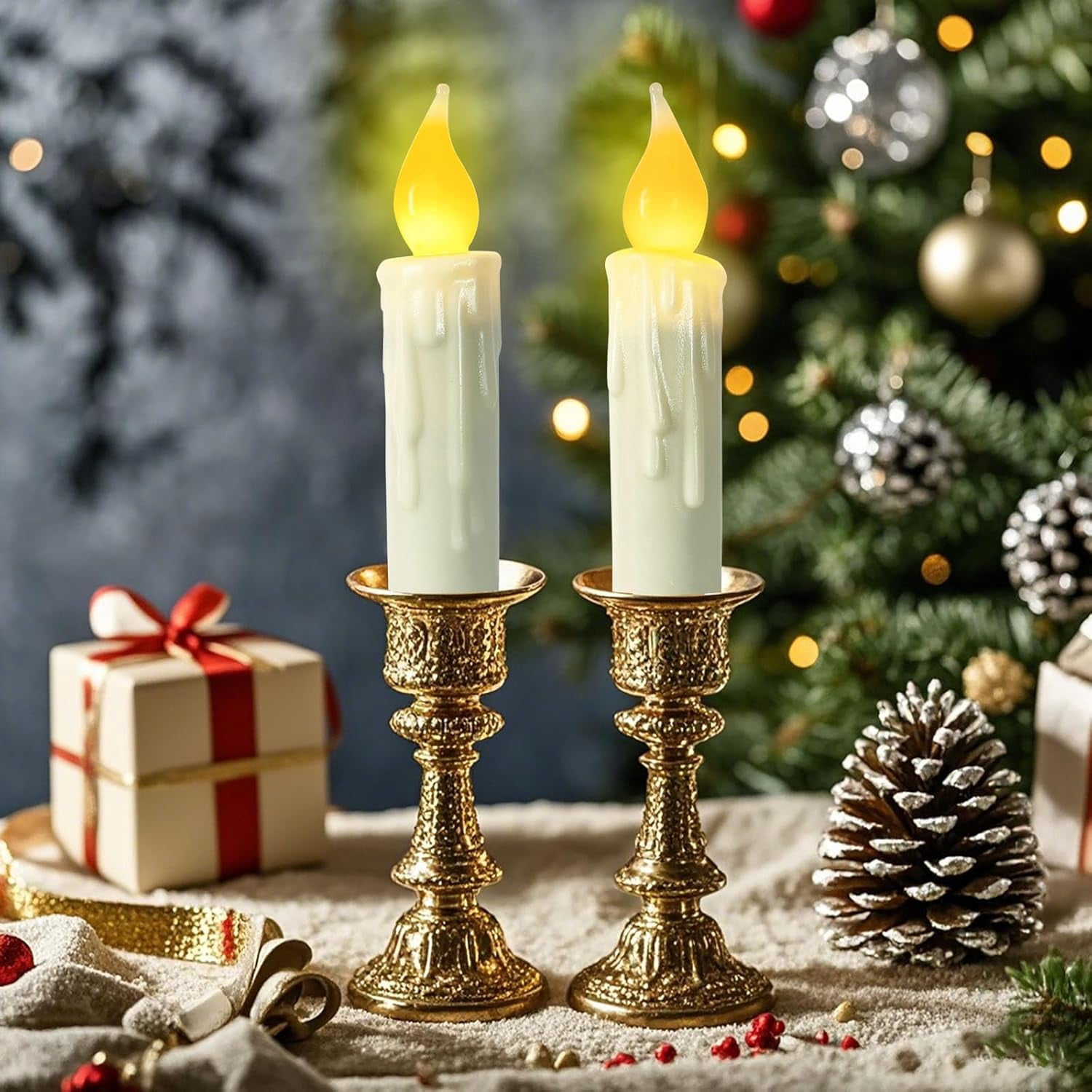 Real Wax Short Flameless Taper Candles with 12 self-adhesive hooks,LED Taper Candles Flickering Flameless Candlesticks Country Primitive Christmas Halloween Decorations,Set of 12 PCS