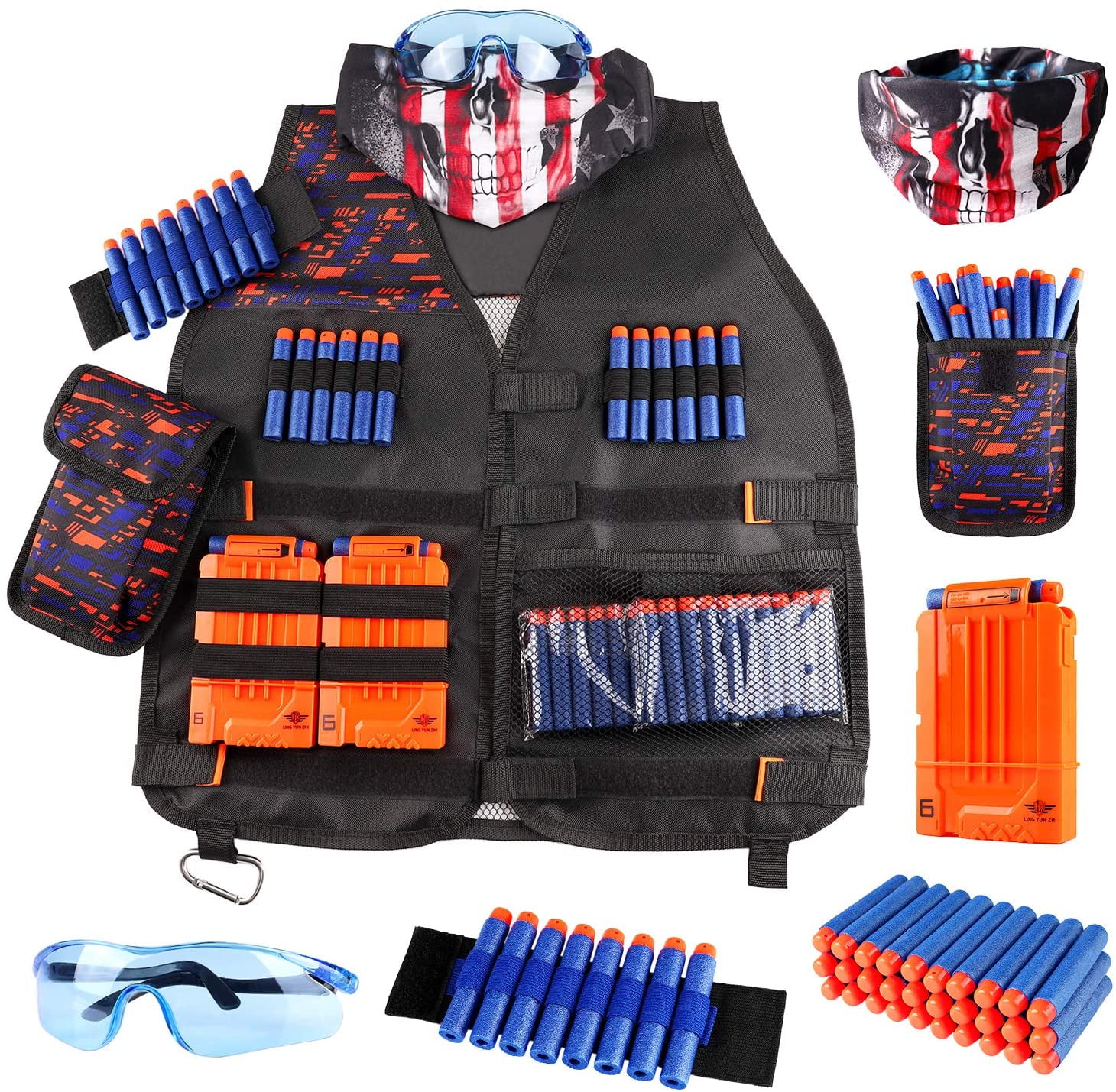 Tactical Mask Wrist Band and Protective Glasses for Boys Kids Tactical Vest Kit for Nerf Guns Series with Refill Darts,Dart Pouch Reload Clips
