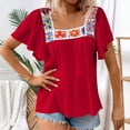thumbnail image 4 of Felirenzacia Women's Boho Floral Embroidered Blouse Square Neck Flutter Sleeve Crinkle Blouse, Tunic Summer Pullover Tops Red,L, 4 of 9