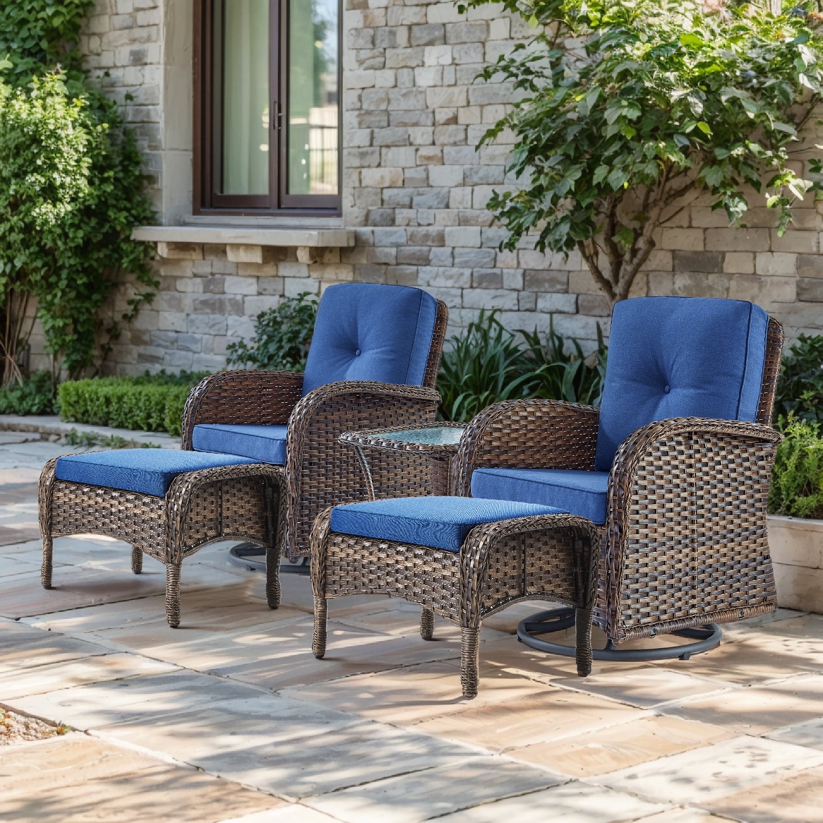 PARKWELL 5-Piece Outdoor Swivel Rocking Chair with Foot Rest,Side Table,360 Degree Swivel Glider Patio Rattan Wicker Conversation Bistro Furniture Sets,Blue