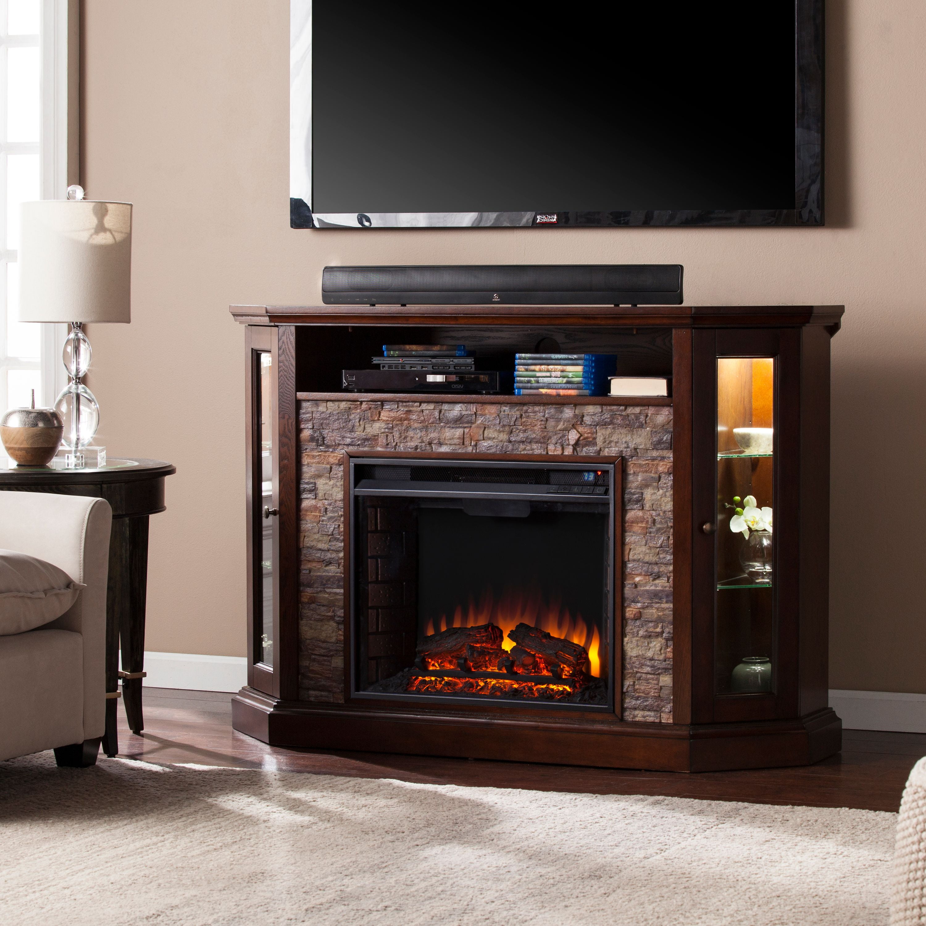 Renstone Corner Media Console With, Corner Tv Stand With Built In Surround Sound And Fireplace