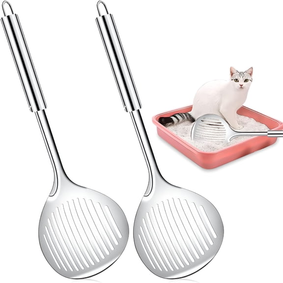 ACDANC 2 Pack Metal Cat Litter Scoop - Stainless Steel Non-Stick Kitten Poop Sifting Cleaning Cat Scooper