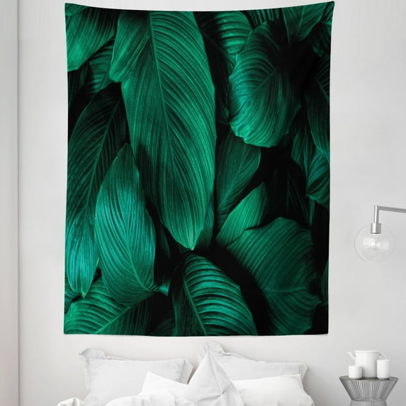Leaves Tapestry, Closeup Jungle Tropical Nature Bush Dark Tones Eco Art Picture Print, Fabric Wall Hanging Decor for Bedroom Living Room Dorm, 5 Sizes, Hunter Green and Emerald, by Ambesonne