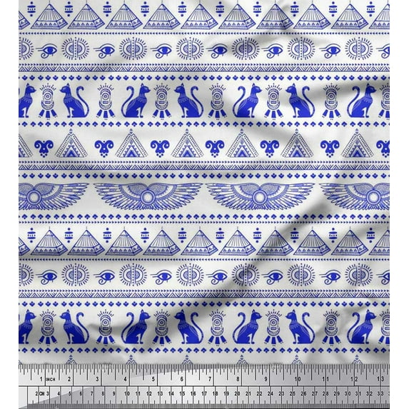 Soimoi Crepe Silk Fabric Cat,Pyramids & Wings Egyptian Print Fabric by Yard 42 Inch Wide