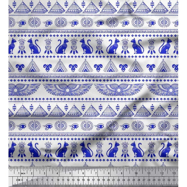 Soimoi polyester Crepe Fabric Cat,Pyramids & Wings Egyptian Printed Craft Fabric by the Yard 52 Inch Wide