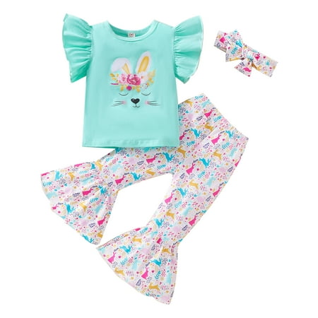 

Wiueurtly Baby Girls Print Autumn Short Ruffle Sleeve Tops Easter Bunny Bell Bottom Headbands Set Clothes Happy Pack