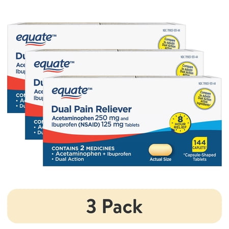 (3 pack) Equate Dual Action Acetaminophen 250 mg and Ibuprofen (Nsaid) 125 mg Pain Reliever Tablets, 144 Count