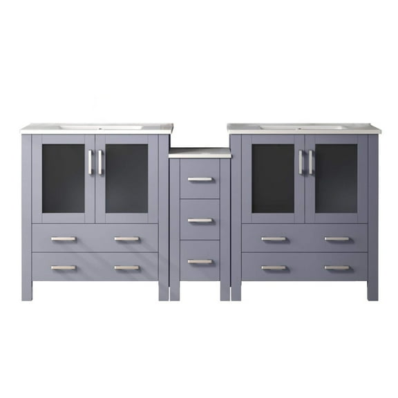 Volez 72 in W Dark Grey Double Bath Vanity with Side Cabinet, and White Ceramic Top