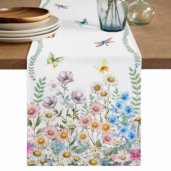 Table Runner 70 Inches Long for Kitchen Dining, Wildflowers Dresser Scarf Farmhouse, Dining Table Decorations for Wedding/Parties, Farmhouse Country Dragonfly Butterfly Floral 13 x 70 In