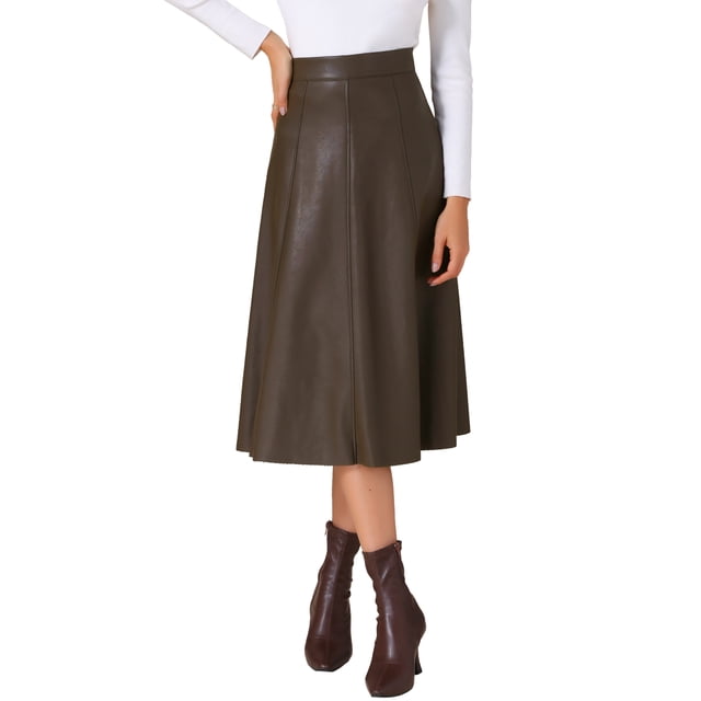 falda casual vintage de cintura alta a línea de cuero pu falso para mujeres inspire chic l marrón Vista frontal 3/4 de falda midi marrón con cintura alta y silueta en A, costuras paneladas y acabado tipo cuero PU mate; cierre lateral (especificado), largo hasta media pantorrilla, mostrada con top blanco y botas de tobillo, adecuada para looks casuales y retro.