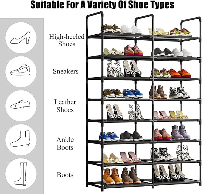 Seamika 8 Tier Shoe Rack Organizer,Metal Shoe Storage Non-Woven Fabric Sturdy Tall Shoe Shelf Bedroom Entryway, Black