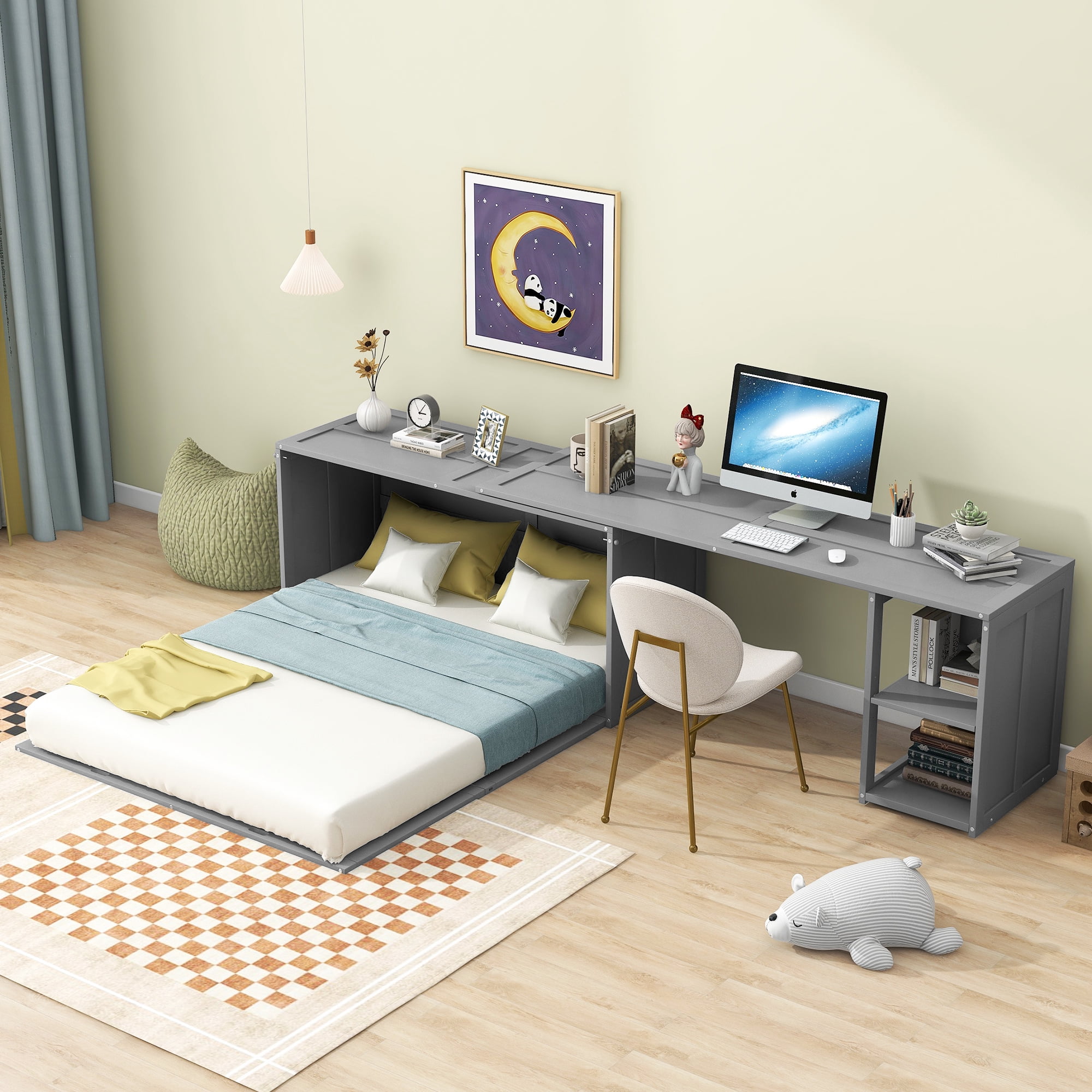 Euroco Queen Size Murphy Bed with Movable Desk, Gray