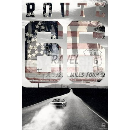 Route 66 USA Patriotic Flag Convertible On Open Road Highway Poster 24x36