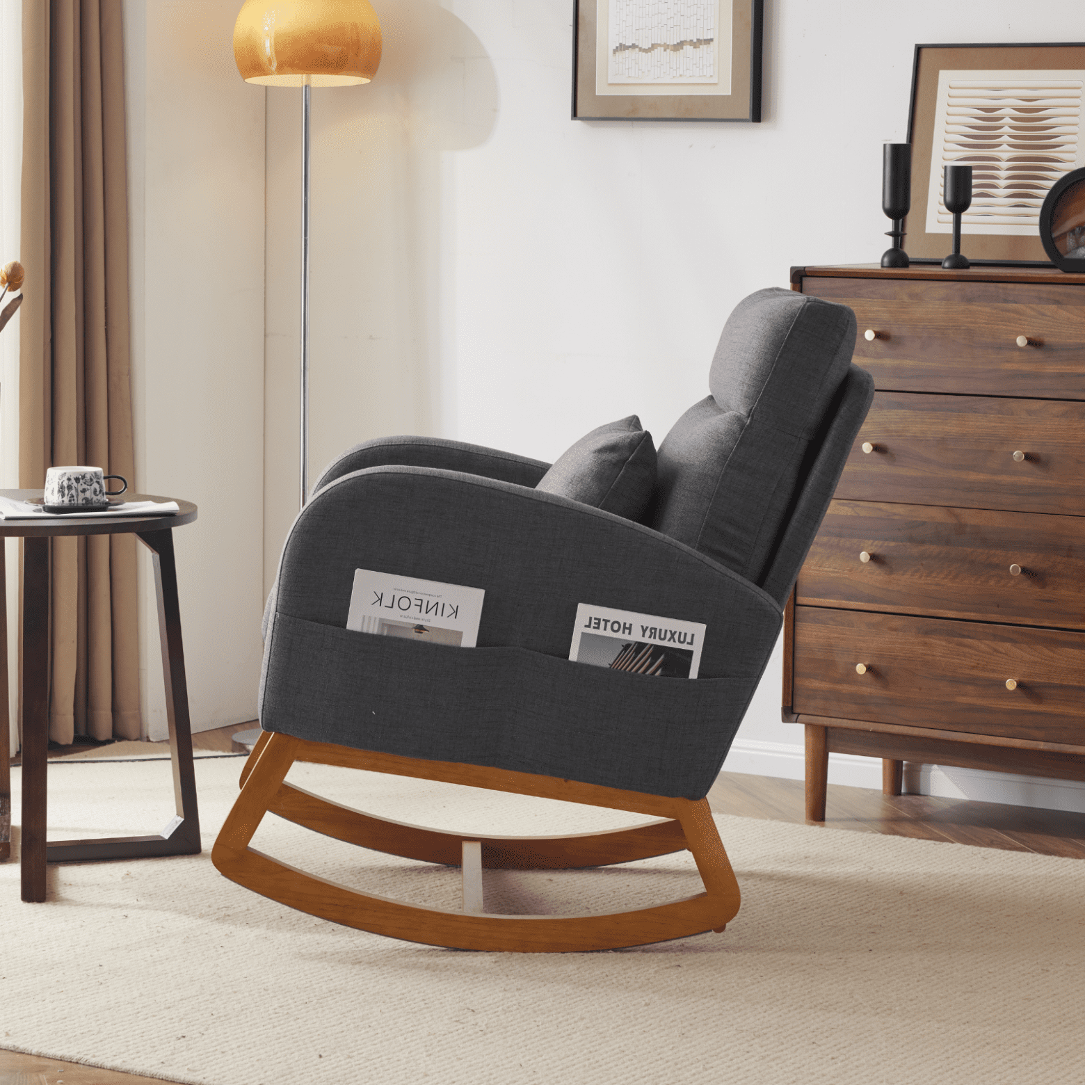 Linen Rocking Chair Nursery with Thick Headrest, Upholstered Mid-Century Modern Nursing Rocker Glider with Curved Armrest, Sturdy Solid Wood Base for Living Room, Bedroom, Baby Room, Grey