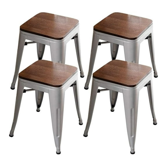 Modern Industrial Metal Stool Classroom Stools with Wooden Seat [Set of 4] Stackable 18" Dining Chair Short Stools