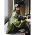 thumbnail image 2 of Chaqueta de cuero verde con cremallera de gran tamaño para mujer, abrigo informal de manga larga con cuello vuelto elegante, ropa informal suelta elegante para mujer, 2 of 5