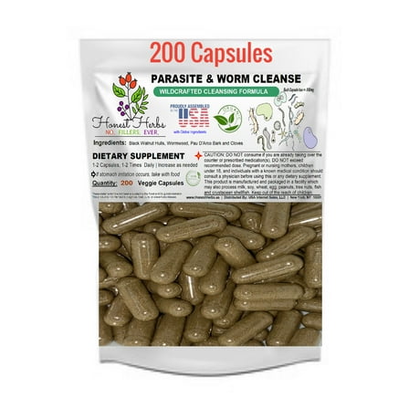 Worm & Parasite Blend - Natural Cleanse Formula - Black Walnut Hulls - Wormwood - Pau D'Arco Bark - Clove - No Fillers - 200 Veggie Caps